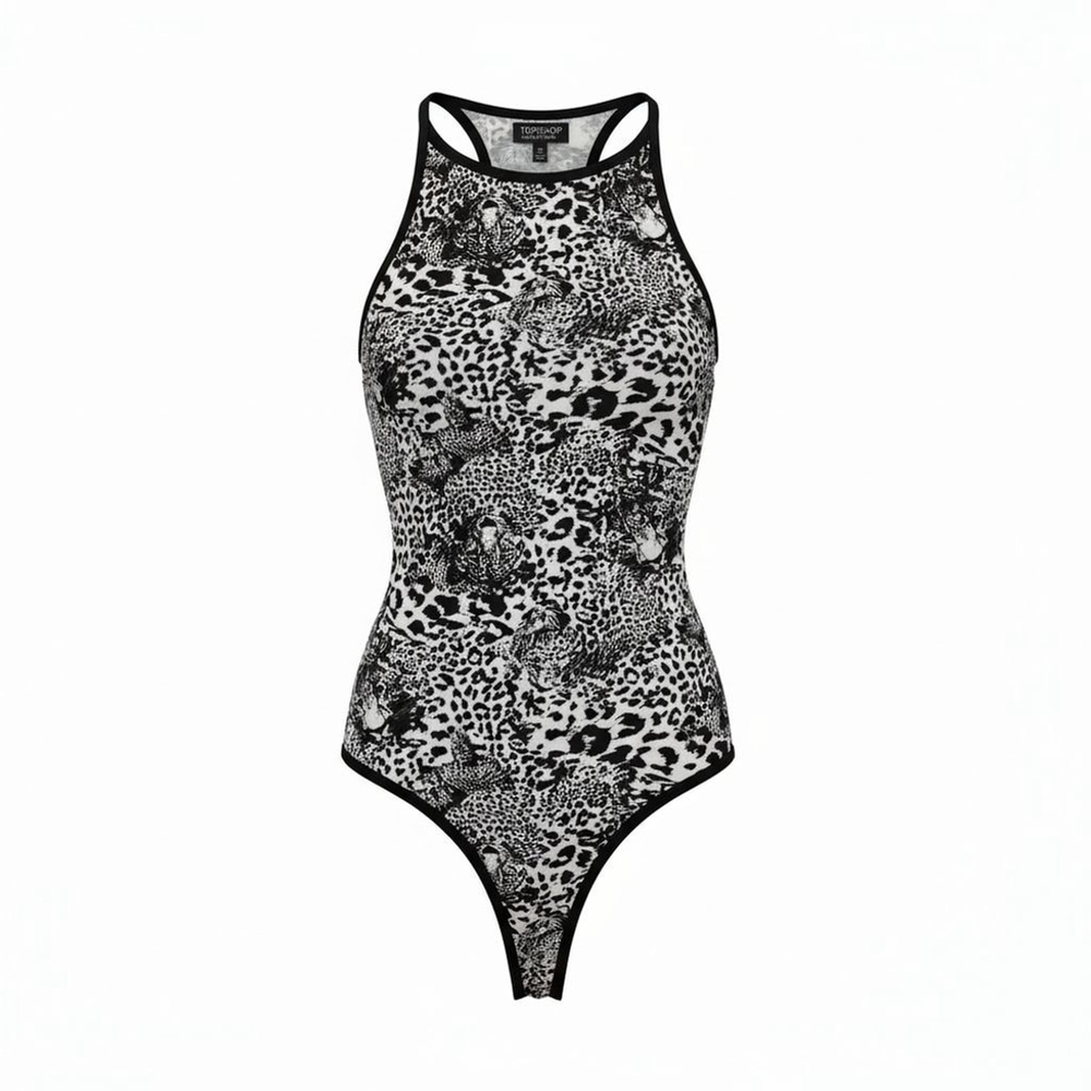 NWT Topshop Bodysuit Sleeveless Animal Print Open Back - Black White - Size 12